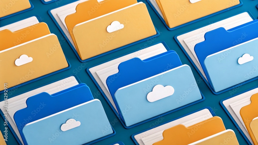 Poster Colorful digital folders arranged neatly, featuring cloud symbols, representing data organization and storage in a modern, tech-oriented design.