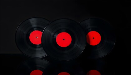 Three Black Vinyl Records with Red Labels on Black Background