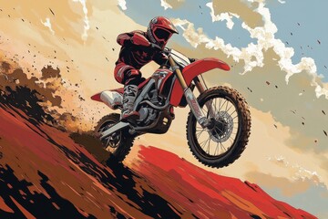 A dirt bike launching off a hill, mud trailing behind its spinning wheels