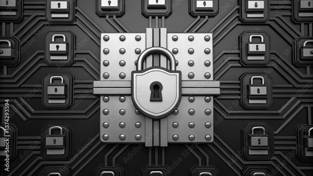 Poster a stylized, metallic lock design set against a dark, circuit-like background, symbolizing security a