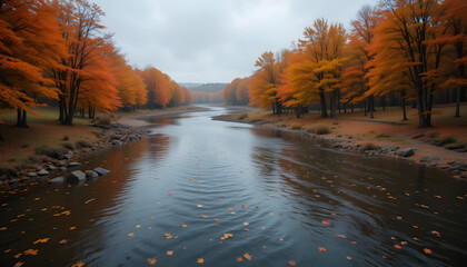 Beautiful autumn landscape of a park with colorful trees reflecting in the tranquil water of a river