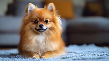 A small, fluffy Pomeranian sitting gracefully, with soft, 