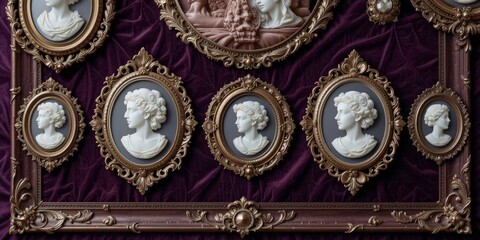  Elegant cameo frames with intricate detailing, placed on a luxurious deep purple velvet background.