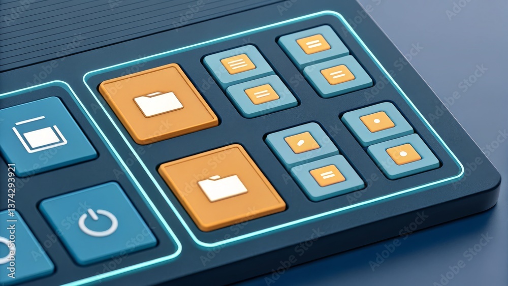 Poster a close-up of a modern control panel featuring various buttons and icons, designed for intuitive int
