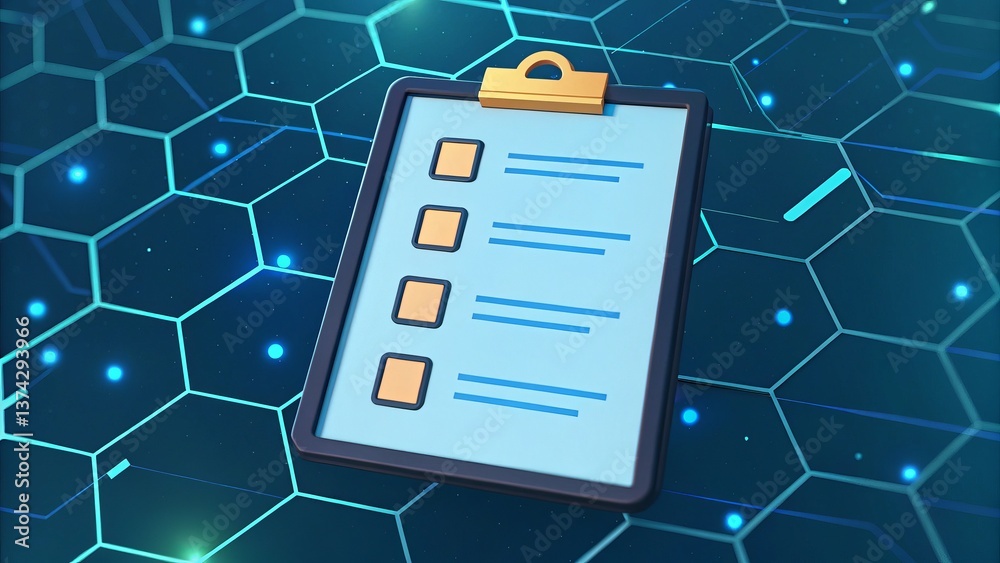 Aufkleber a digital clipboard displays checkboxes against a futuristic hexagonal backdrop, symbolizing organiz
