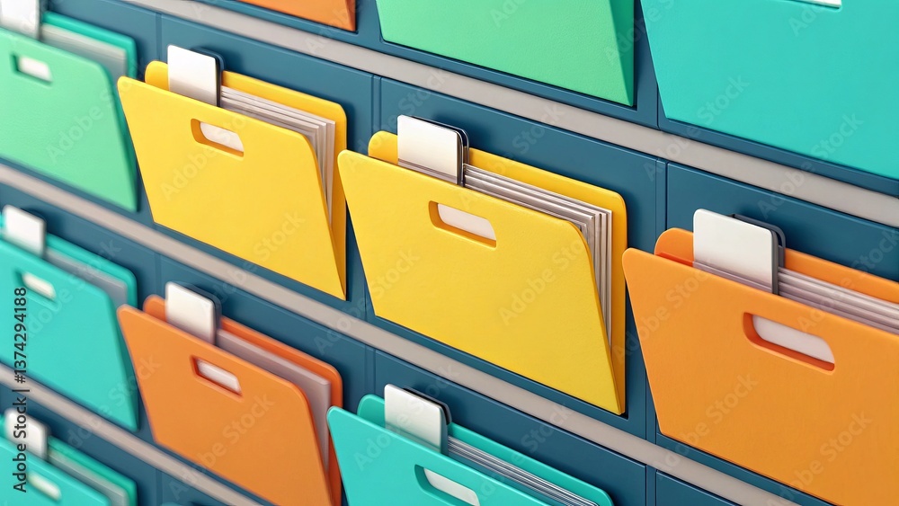Fototapete A vibrant collection of organized folders in various colors, showcasing an efficient filing system for documents.