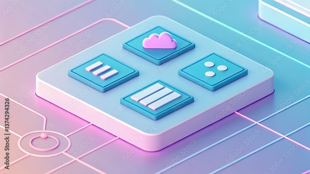 Poster a stylized graphic featuring four icons on a pastel background, symbolizing digital interfaces or ap