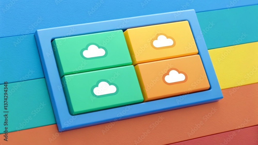 Aufkleber a bright, colorful design featuring cloud icons on rectangular blocks, arranged in a playful grid pa