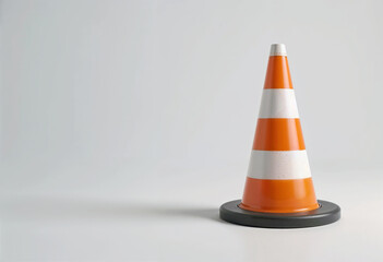A realistic 3D rendering of an isolated orange and white traffic cone against a neutral background. Ideal for safety and construction themes