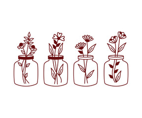 Line Art Flowers in Glass Jars Vector Design on White Background