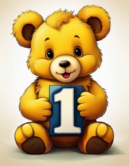 Cuteyellow teddy bear with number 1, illustration for kids first birthday party