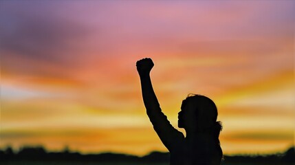 A powerful silhouette of a person raising their fist in the air, symbolizing strength and unity. 