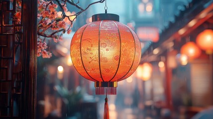 Illuminated red lantern in a Chinese-style alley