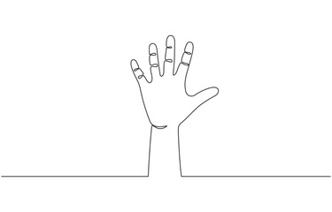 Single line drawn hand gesture, minimalistic waving human five fingers, Hand Waving Continuous Line Drawing with Copy Space. Dynamic continuous one line graphic vector design.