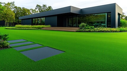 Modern House with Artificial Turf and Landscaping