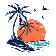 Tropical Beach Sunset with Palm Trees, Ocean Waves, and Flying Birds &ndash; Vector Illustration