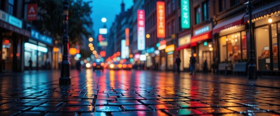 Fototapeta premium Cobblestone Streets Abstracted View of Wet Asphalt Under Streetlights