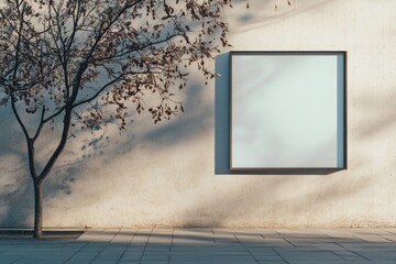 Square billboard on wall with tree casting shadows on surface and pavement in outdoor setting