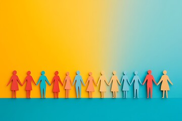 Colorful Paper People Holding Hands on Blue Background