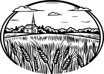 Countryside landscape with wheat field and church under a serene sky in a pastoral vintage illustration