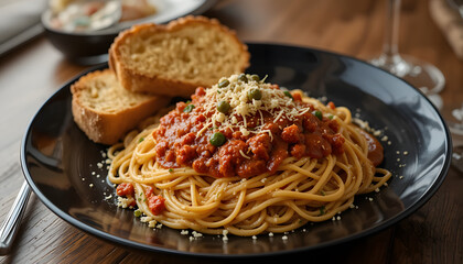 Spaghetti and meatballs with tomato sauce on a white plate with basil, cheese, and a closeup of the delicious Italian cuisine
