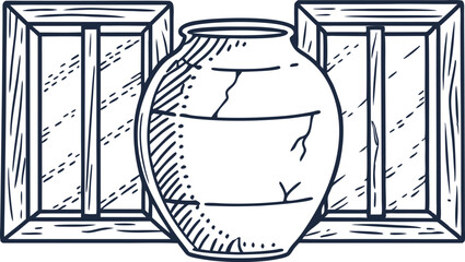hand drawn pottery vase with vintage wooden crates, rustic art illustration