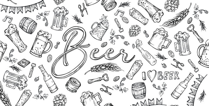 Doodle beer  horizontal banner. Hand drawn pub elements. vector illustration