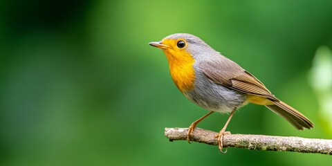 Fototapeta premium A captivating close-up of a charming robin, perched gracefully on a slender branch. Its vibrant feathers, striking orange breast, and alert gaze captures the essence of wildlife beauty against a soft.