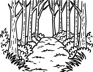 forest path sketch black and white woodland trail, trees, nature, outdoor scenery, peaceful exploration