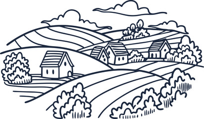 Obraz premium Scenic countryside landscape with rural houses, fields, and hills in illustration