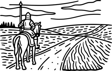 Knight on horseback traveling through countryside, medieval journey, monochrome line art