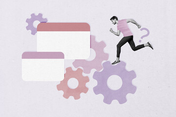 Template poster trend artwork 3D photo collage of young man run cogwheel web window question human...