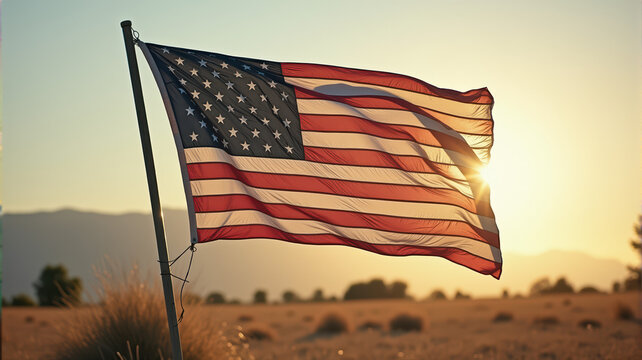 American flag waving in sunset on rural landscape