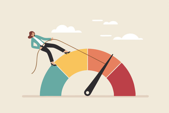 Reduce risk level or decrease stress anxiety meter, lower danger indicator or scale, reduce from red alert meter to be green chart concept, businesswoman pull meter to reduce risk or stress level.