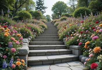  Art Nouveau Garden Granite Steps Descending Through Wildflowers