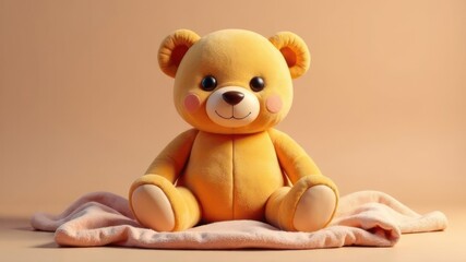 cute teddy bear sitting on soft blanket against warm beige background. cozy atmosphere. concept of childhood and comfort. toy design, nursery decor, children's book illustration.