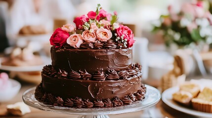 Naklejka premium A close up of a chocolate wedding cake on a table