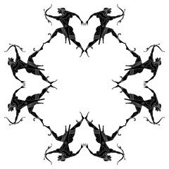 Geometrical frame with running Ancient Greek god Apollo. Antique warriors with bows and arrows. Vase painting style. Black and white silhouette.