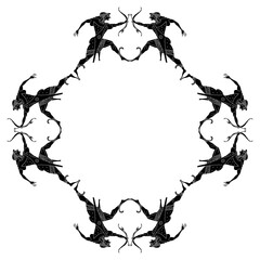 Geometrical frame with running Ancient Greek god Apollo. Antique warriors with bows and arrows. Vase painting style. Black and white silhouette.