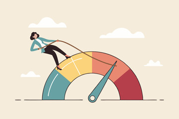 Reduce risk level or decrease stress anxiety meter, lower danger indicator or scale, reduce from red alert meter to be green chart concept, businesswoman pull meter to reduce risk or stress level.