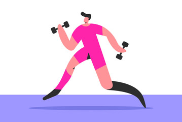 Disabled athletes man in gym workout. Flat vector illustration in cartoon style.