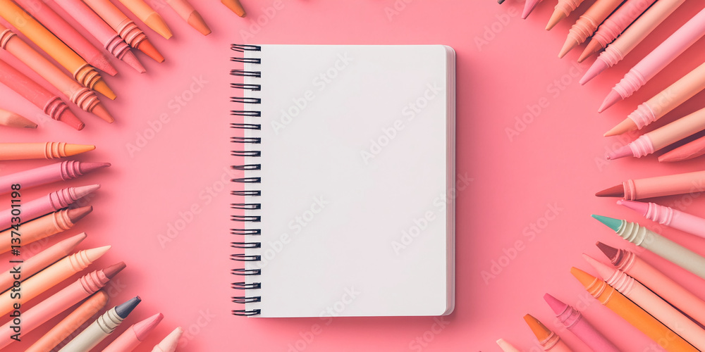 Poster blank spiral notebook surrounded by pastel crayons on pink background mockup for text or design