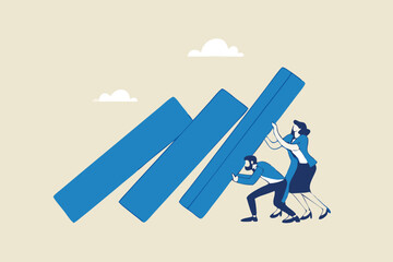 Teamwork to solve problem, team effort help stop crisis, responsibility to stop failure, support or trustworthy or courage to success concept, business people colleagues help stop domino falling.