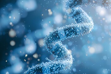 Glowing dna double helix floating in icy blue digital space surrounded by light flares and particle fog concept visual for advanced genetic technology theme