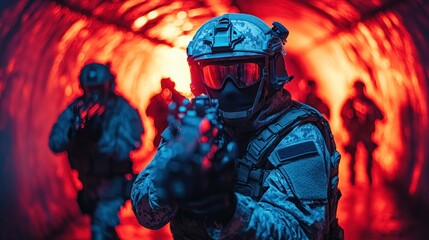Fototapeta premium Military team in tunnel, tactical gear