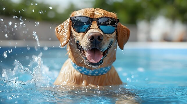 Happy dog in pool, summer fun, splashing water