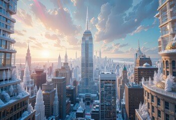Naklejka premium New York City constructed from shimmering crystals, reflecting light in a dazzling display of architectural brilliance and