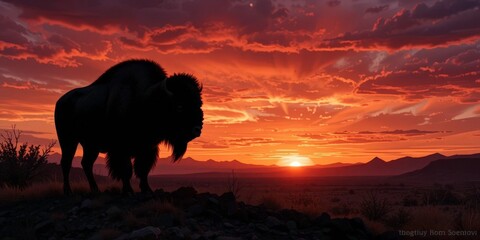  A majestic bison silhouetted against a fiery sunset over the desolate Badlands, embodying stoic strength. © BOXS