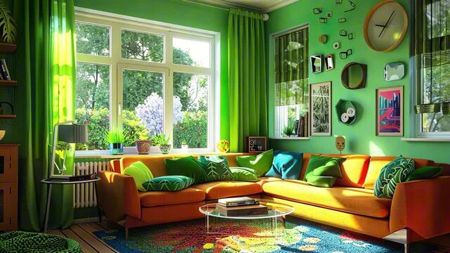 Cozy green living room with orange sofa, colorful decor, daylight from large windows and lush view outside. Concept of maximalism, vibrant home comfort