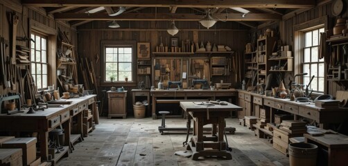 Forgotten Woodshop Dusty Surfaces Aged Lumber Capturing the Beauty of Time Worn Tools in a Light and Airy Space.